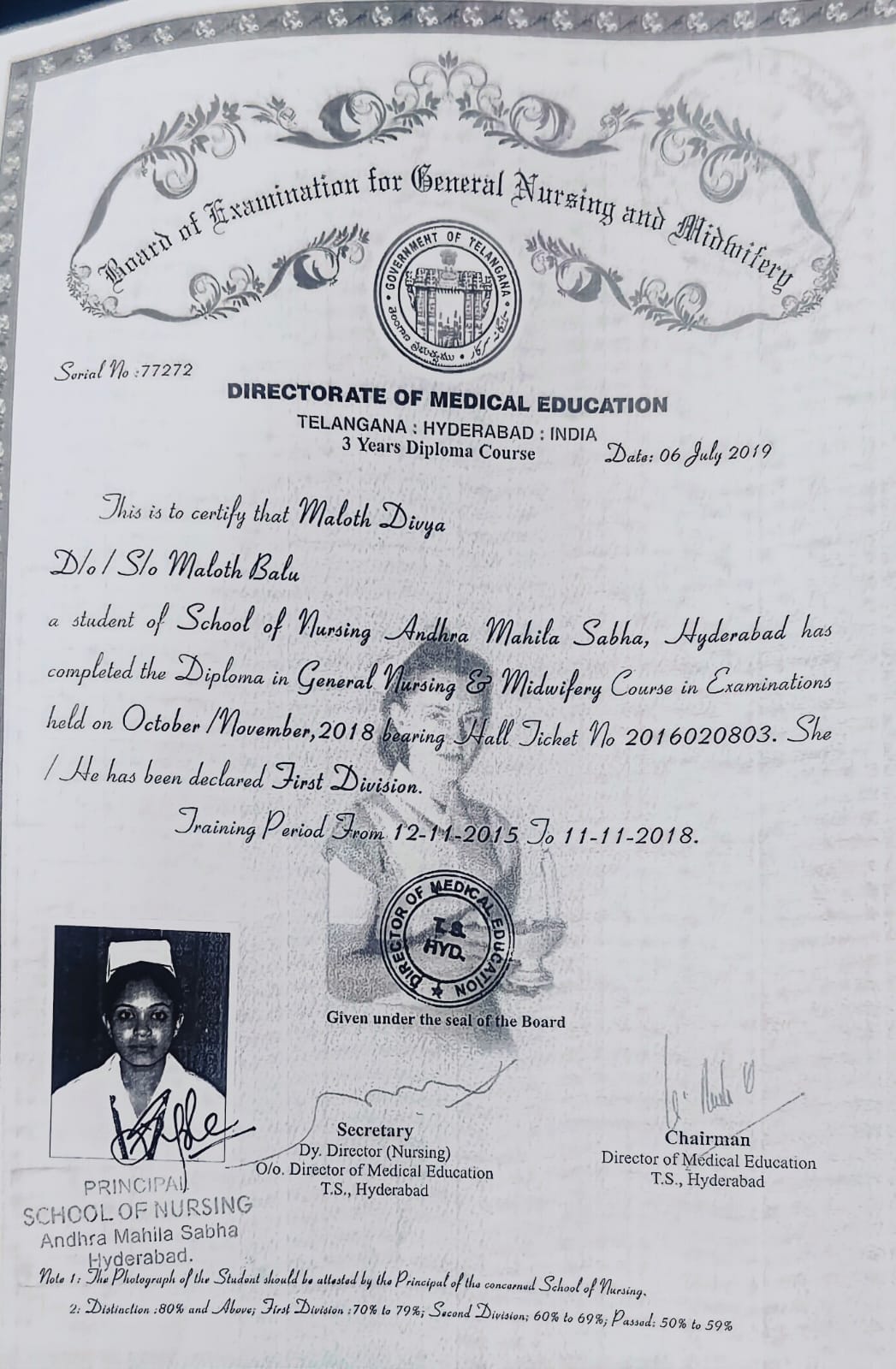 GNM Diploma certificate for Maloth Divya — First Division, School of Nursing Andhra Mahila Sabha, Directorate of Medical Education, Government of Telangana, July 2019